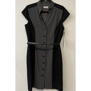 Calvin Klein Button Front Sheath Dress 12 Grey Black Belt Cap Sleeve Lined NWT‎